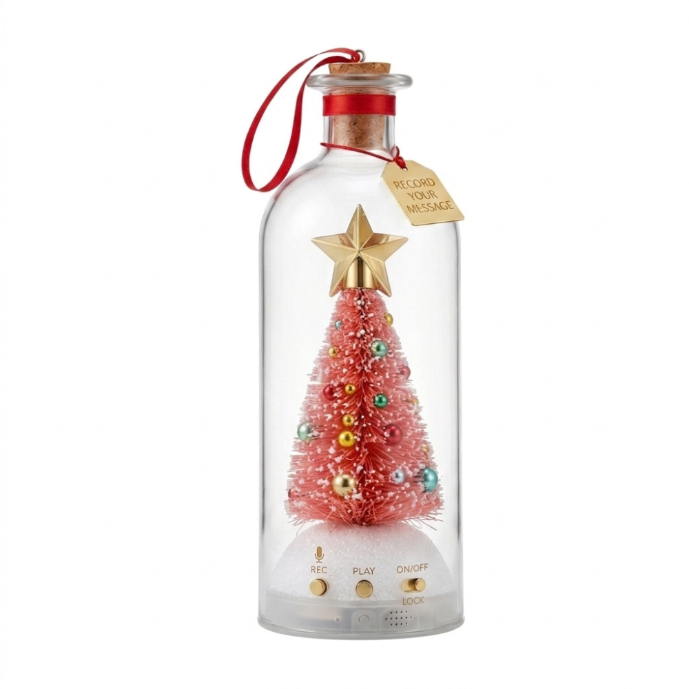 Record-a-Message Christmas Tree in a Bottle – Voice Keepsake – Pink