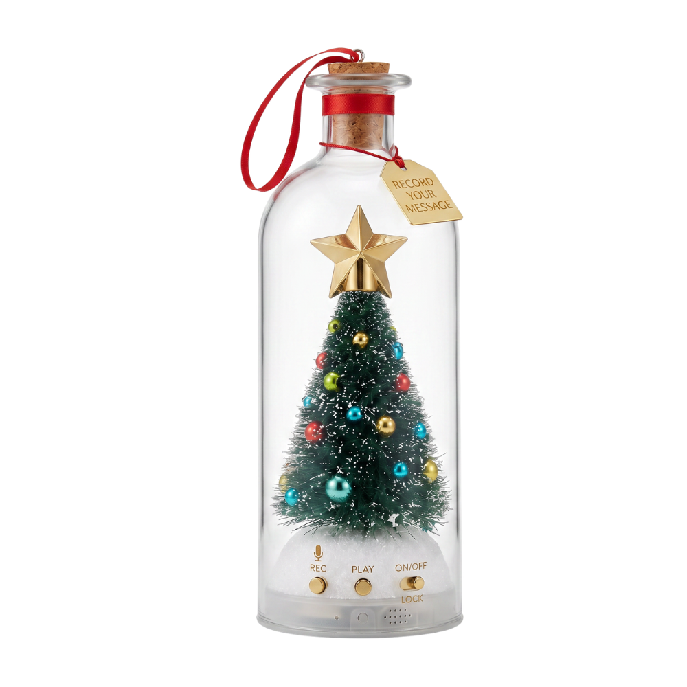 Record-a-Message Christmas Tree in a Bottle – Voice Keepsake – Green