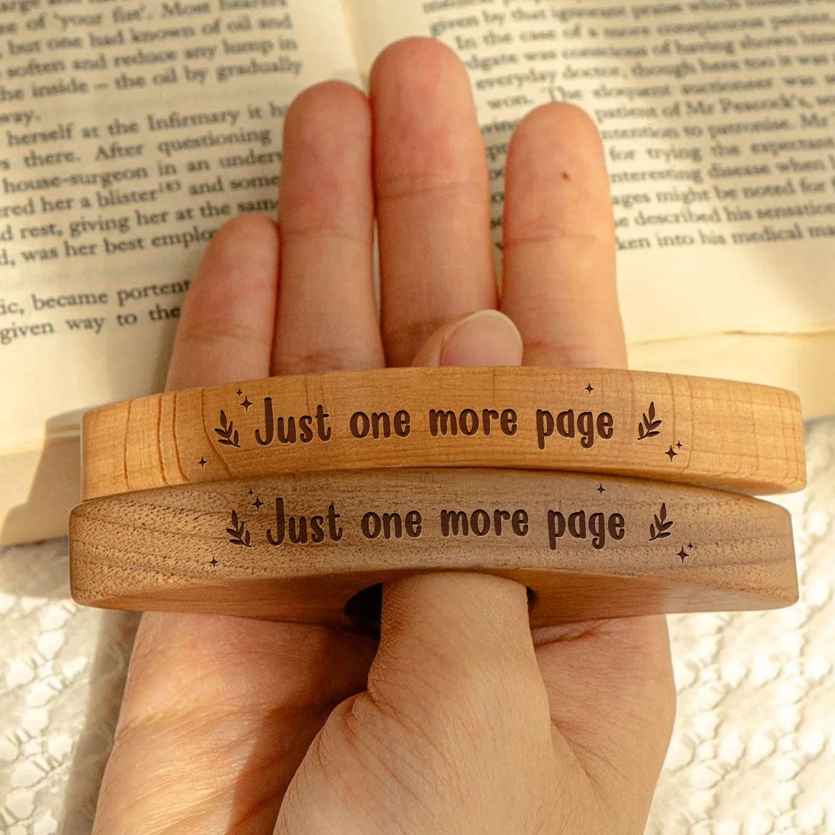 Personalized Wooden Book Page Holder – Just One More Page