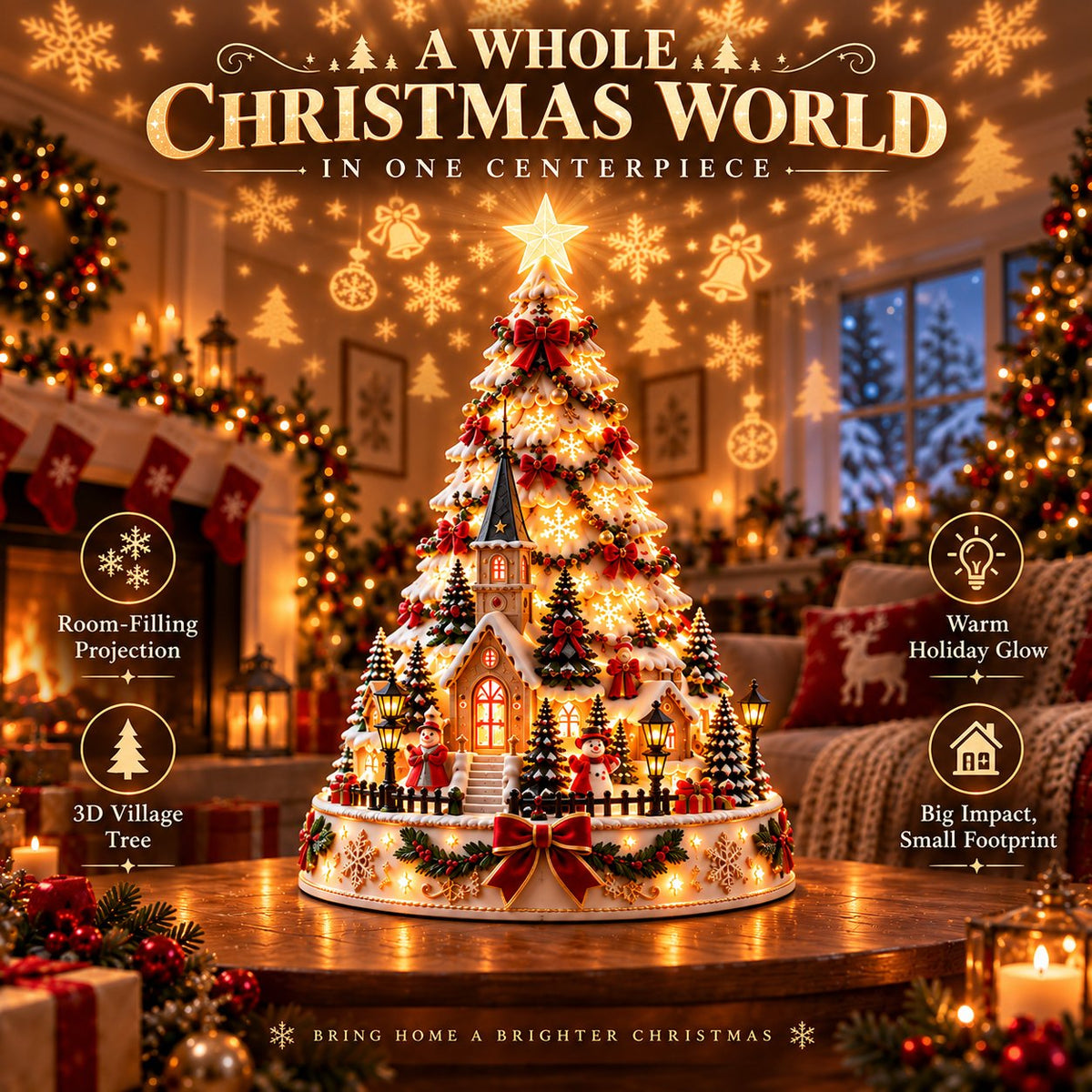 Christmas Village Lightscape Tree – 3D Tabletop Tree with Room Projection