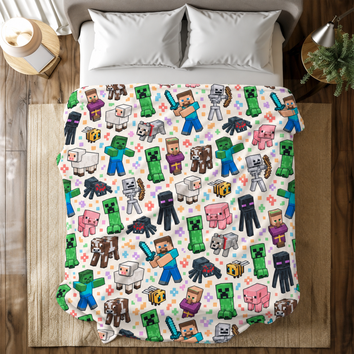 Steve, Zombie, Creeper and Colorful Overworld Friends Throw Blanket