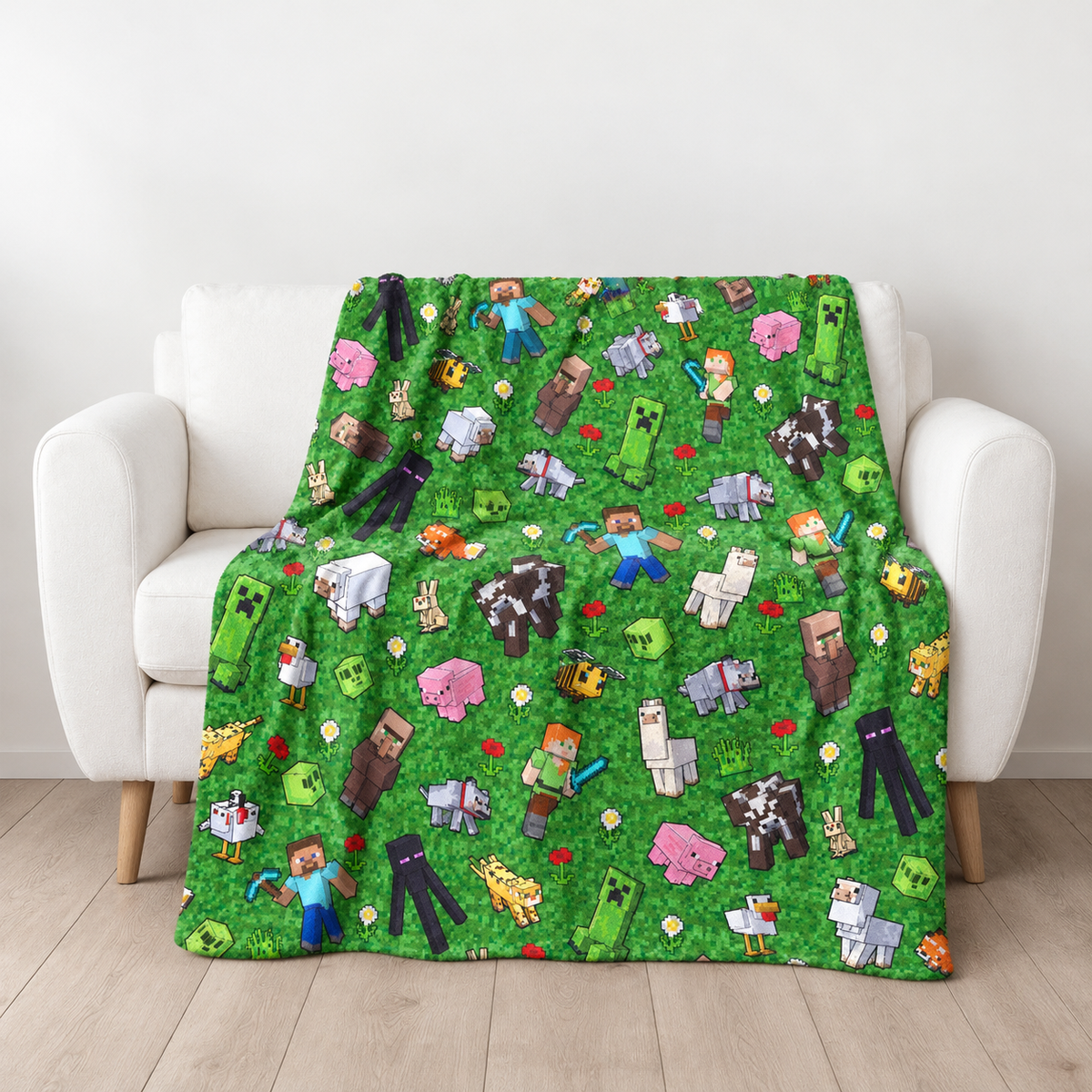 Steve, Alex, Enderman and Overworld Animals Adventure Throw Blanket