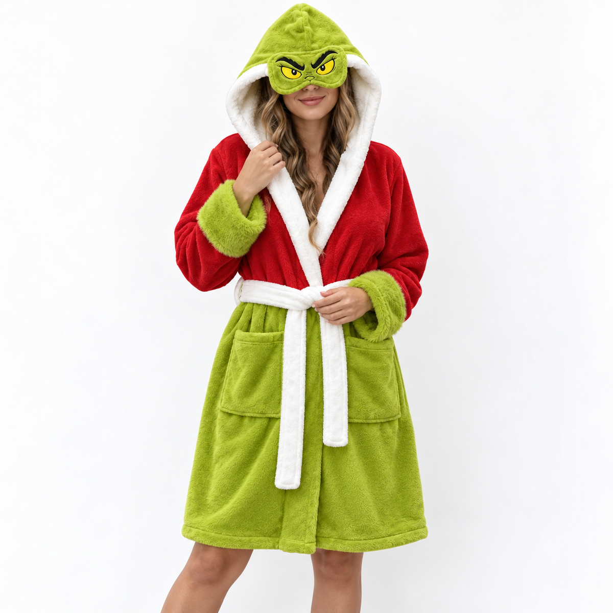 Red & Green Christmas Unisex Double-Layer Plush Hooded Robe with Eye Mask – One Size