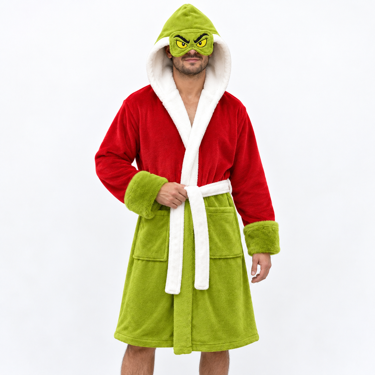 Red & Green Christmas Unisex Double-Layer Plush Hooded Robe with Eye Mask – One Size
