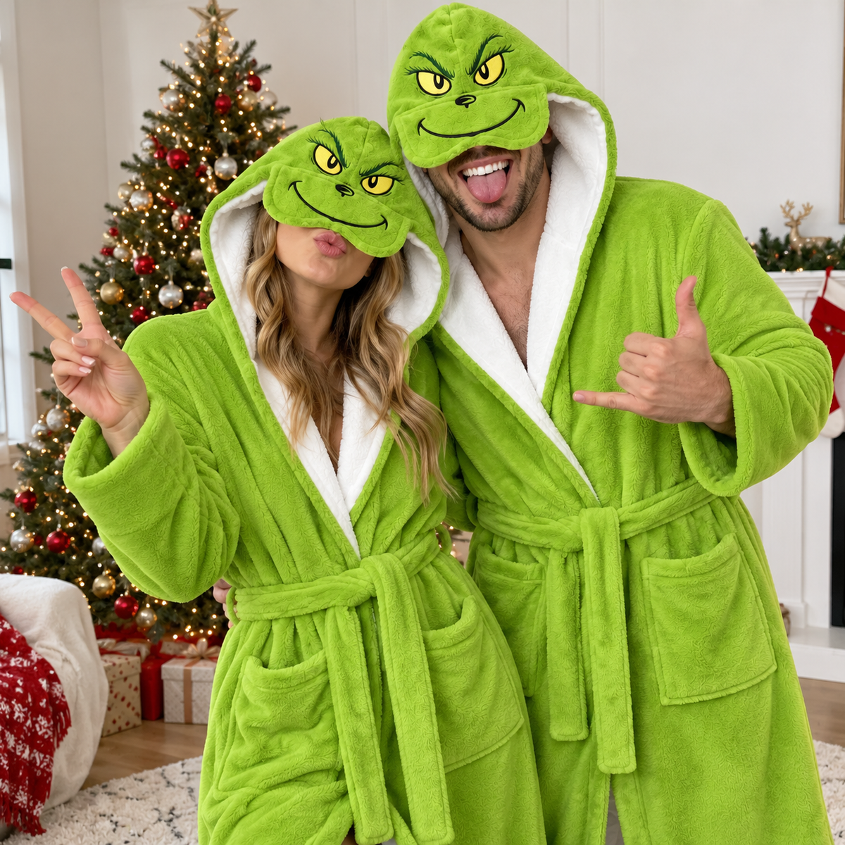 Festive Green Christmas Unisex Double-Layer Plush Hooded Robe with Eye Mask – One Size