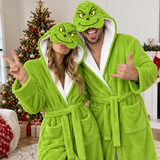 Festive Green Christmas Unisex Double-Layer Plush Hooded Robe with Eye Mask – One Size