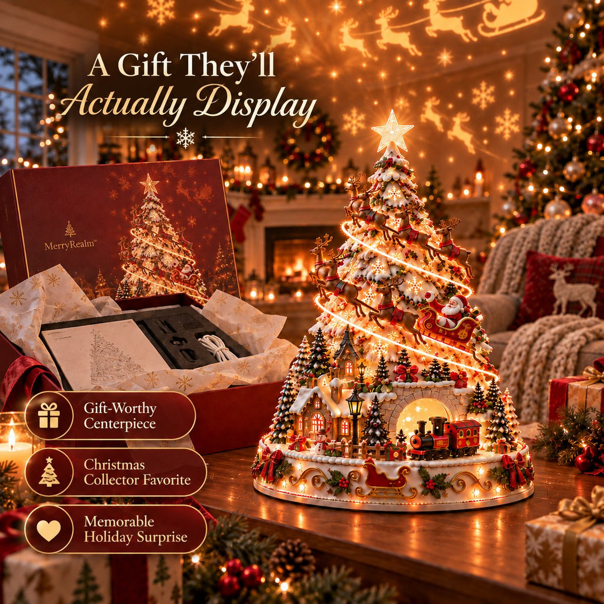 Christmas Village Lightscape Tree – 3D Tabletop Tree with Room Projection
