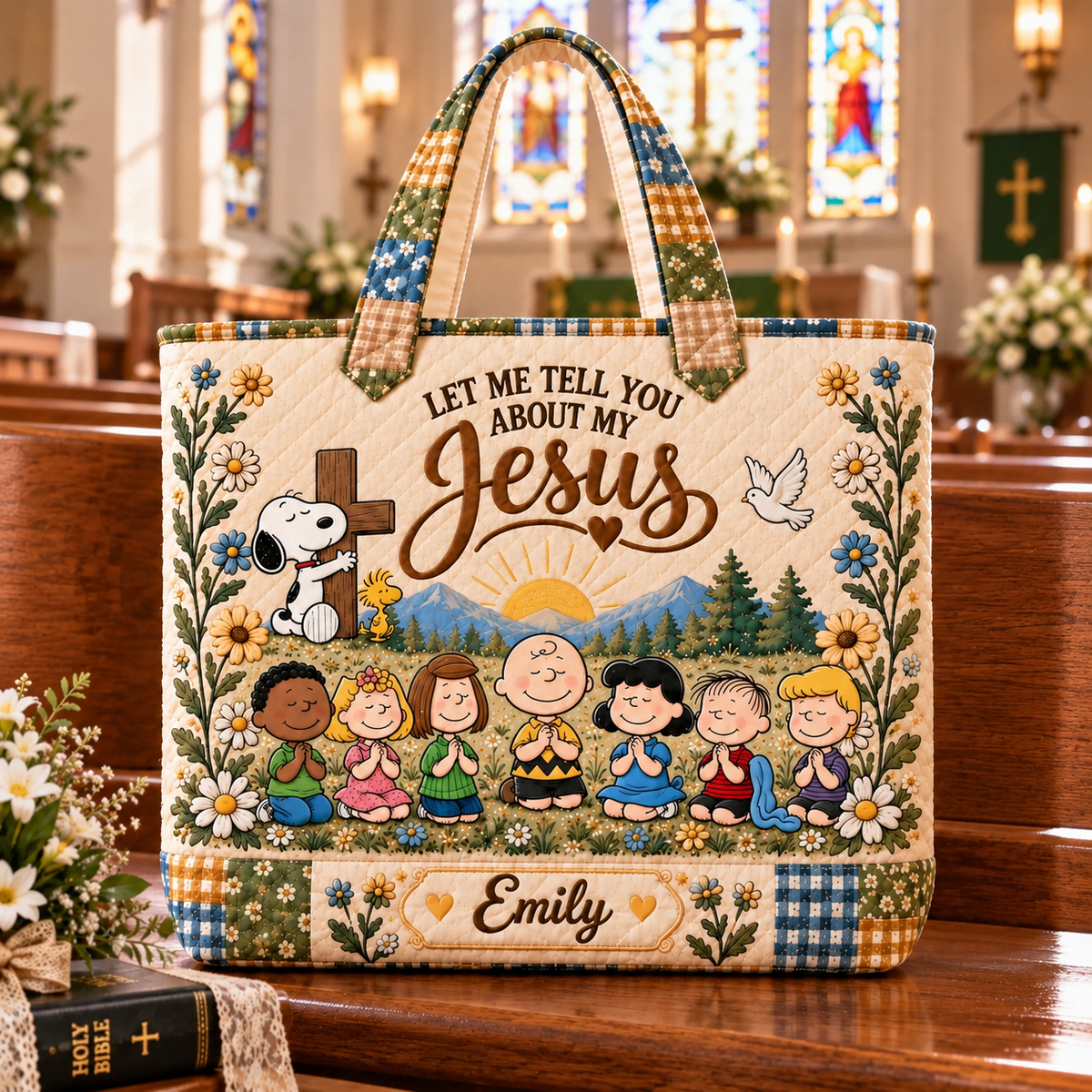 Let Me Tell You About My Jesus Personalized Quilted Tote Bag