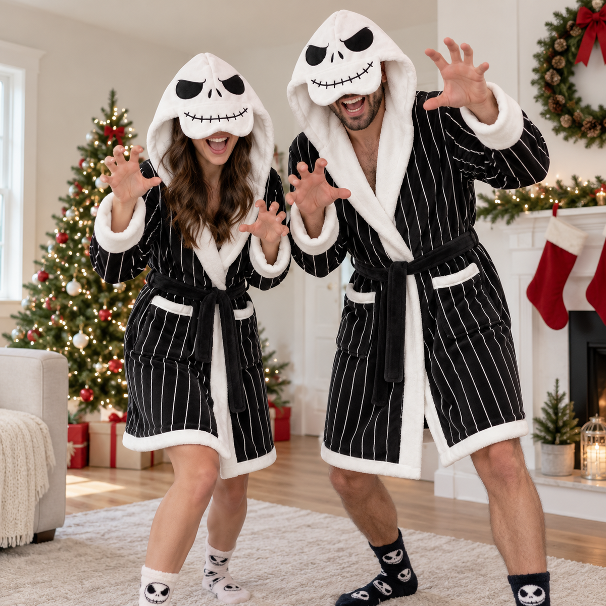 Skeleton Black & White Striped Unisex Double-Layer Plush Hooded Robe with Eye Mask – One Size