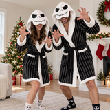 Skeleton Black & White Striped Unisex Double-Layer Plush Hooded Robe with Eye Mask – One Size