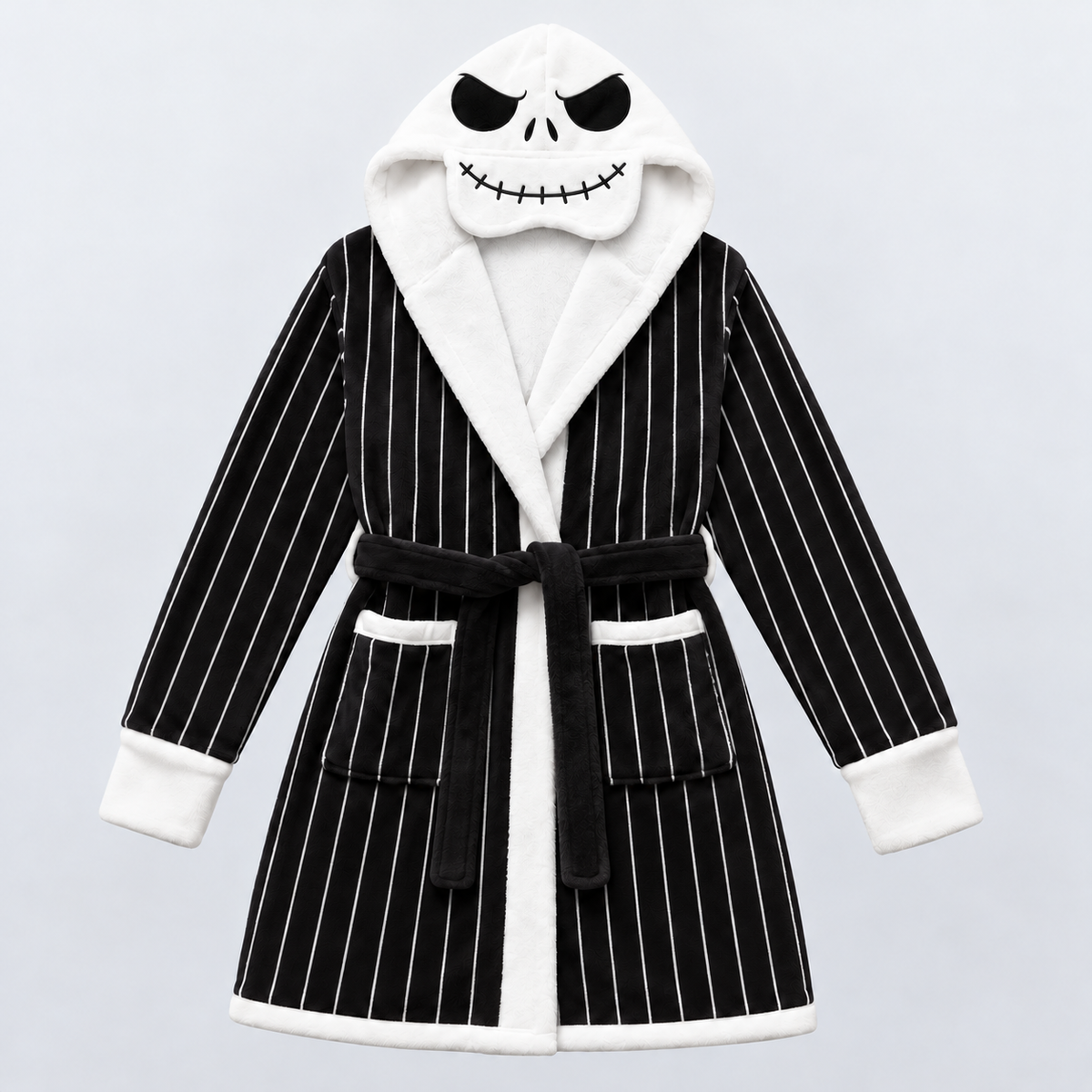 Skeleton Black & White Striped Unisex Double-Layer Plush Hooded Robe with Eye Mask – One Size