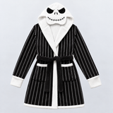 Skeleton Black & White Striped Unisex Double-Layer Plush Hooded Robe with Eye Mask – One Size