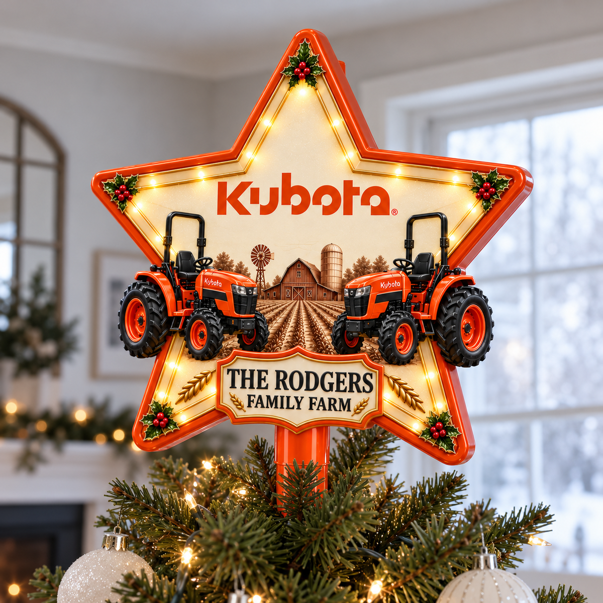 Orange Farmhouse Chrismas - Personalized LED Light Tree Topper - Chrismas Gift For Farmers