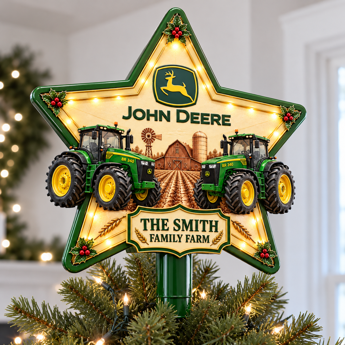 Green Farmhouse Chrismas - Personalized LED Light Tree Topper - Chrismas Gift For Farmers