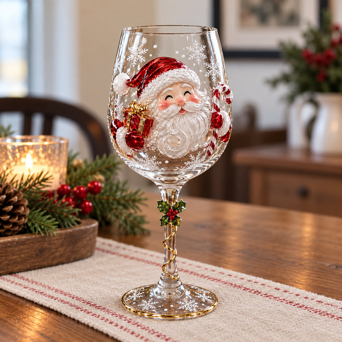 Christmas 3D Wine Glass – Raised Holiday Designs or Gift Box Set of 6