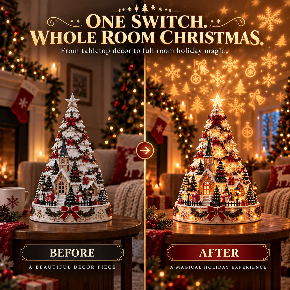 Christmas Village Lightscape Tree – 3D Tabletop Tree with Room Projection