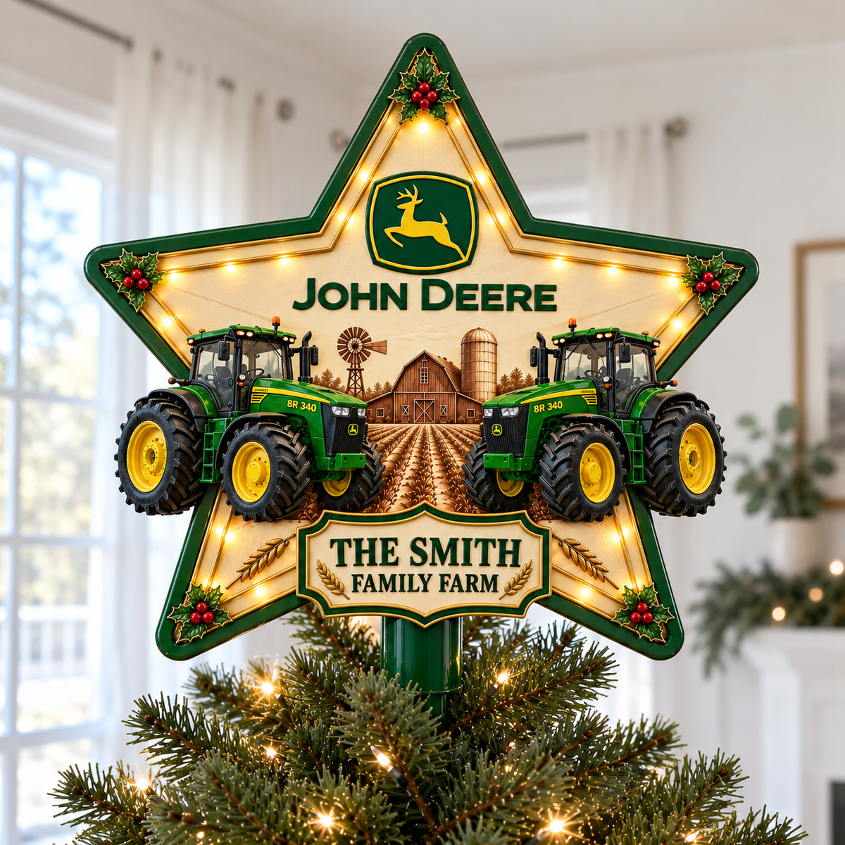 Green Farmhouse Chrismas - Personalized LED Light Tree Topper - Chrismas Gift For Farmers