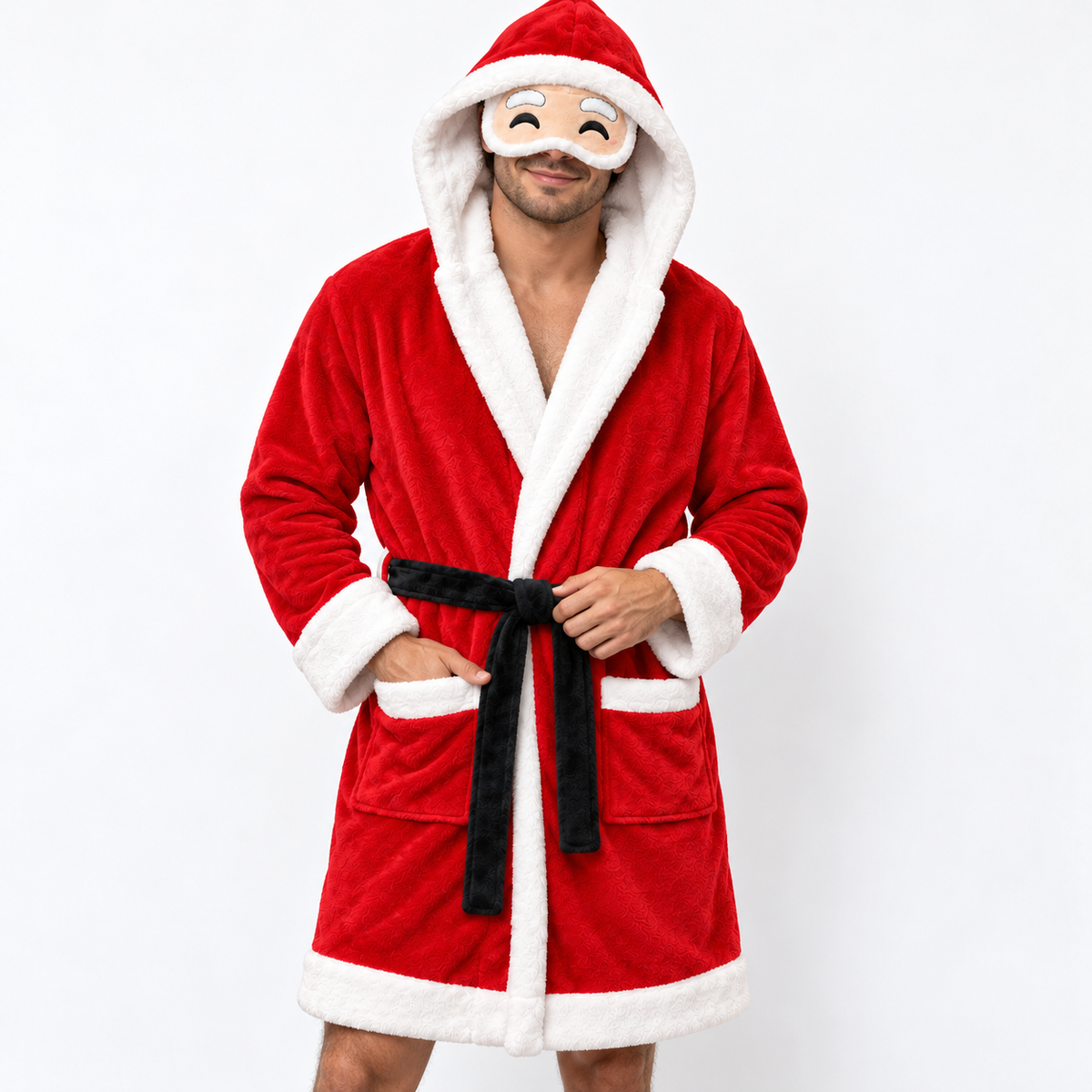 Santa Claus Christmas Unisex Double-Layer Plush Hooded Robe with Eye Mask – One Size