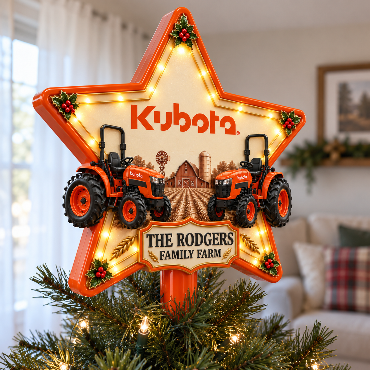 Orange Farmhouse Chrismas - Personalized LED Light Tree Topper - Chrismas Gift For Farmers