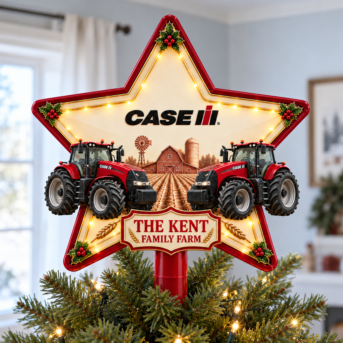 Red Farmhouse Chrismas - Personalized LED Light Tree Topper - Chrismas Gift For Farmers