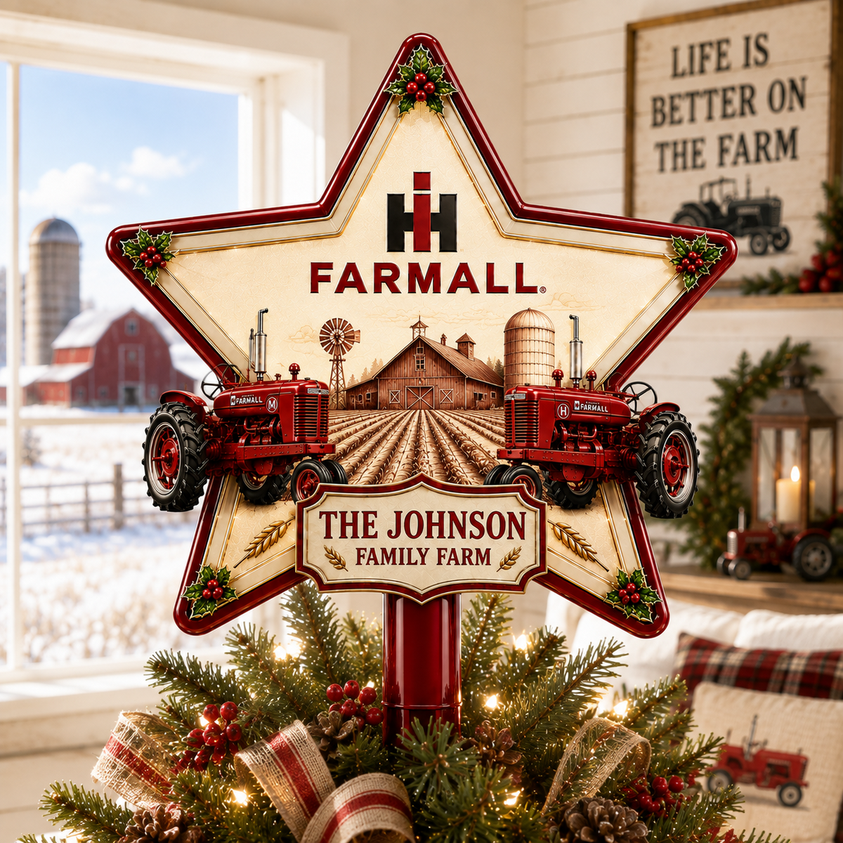 Red Tractor Farm Personalized LED Christmas Tree Topper