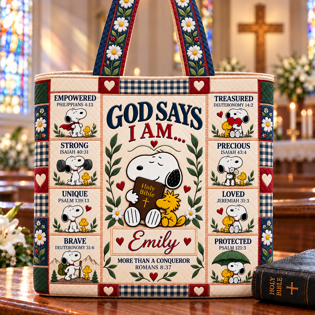 God Says I Am Personalized Quilted Tote Bag
