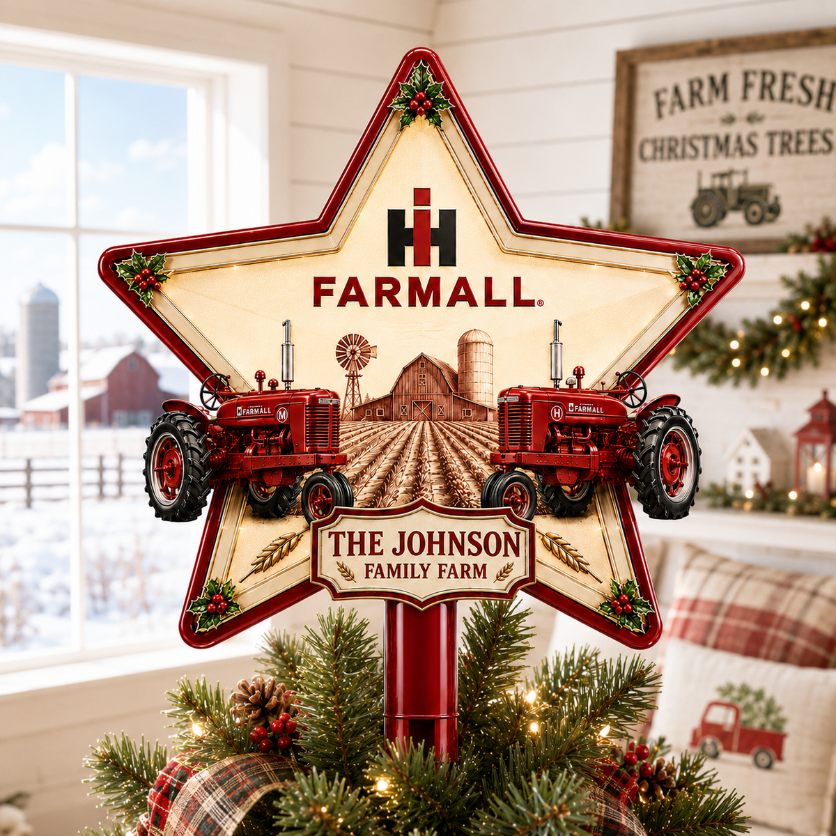 Red Tractor Farm Personalized LED Christmas Tree Topper