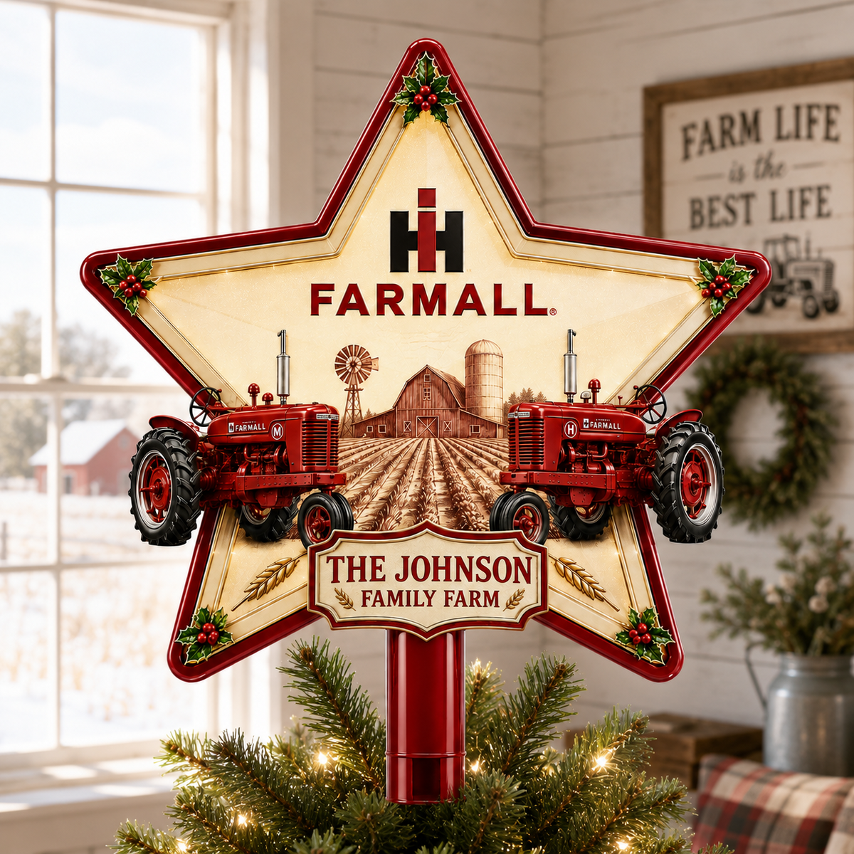Red Tractor Farm Personalized LED Christmas Tree Topper