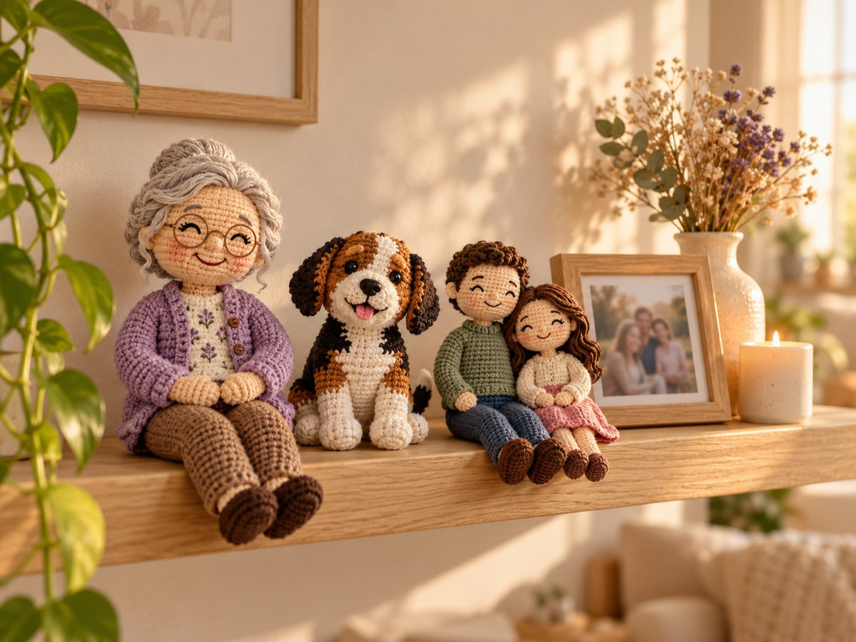 Handmade REMINISO crochet keepsakes on a shelf beside a family photo