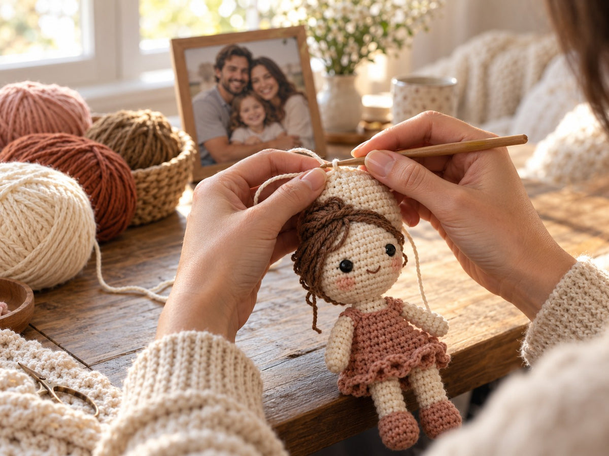 Hands crocheting a personalized amigurumi doll from a family photo